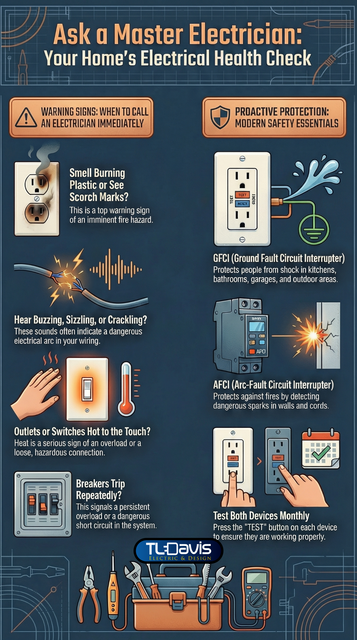 Tulsa residential electrician, Master Electrician Terry Davis, electrical troubleshooting Tulsa, circuit breaker keeps tripping, dead outlet repair, flickering lights fix, sparking outlet causes, electrical panel upgrade 200 amp, fuse box to breaker conversion, GFCI outlet installation, AFCI protection bedrooms, whole-home electrical inspection, home surge protection Oklahoma, electrical fire prevention tips, knob and tube wiring replacement, aluminum wiring mitigation, residential lighting design, ceiling fan installation service, licensed and insured electrician Tulsa, Broken Arrow electrical repairs, Owasso residential wiring, Bixby electrical services, Jenks electrician, electrical code compliance, tripped ground fault circuit interrupter, arc fault circuit interrupter installation, low voltage lighting, power surge protection, emergency electrical warning signs, written electrical estimates, electrical labor warranty