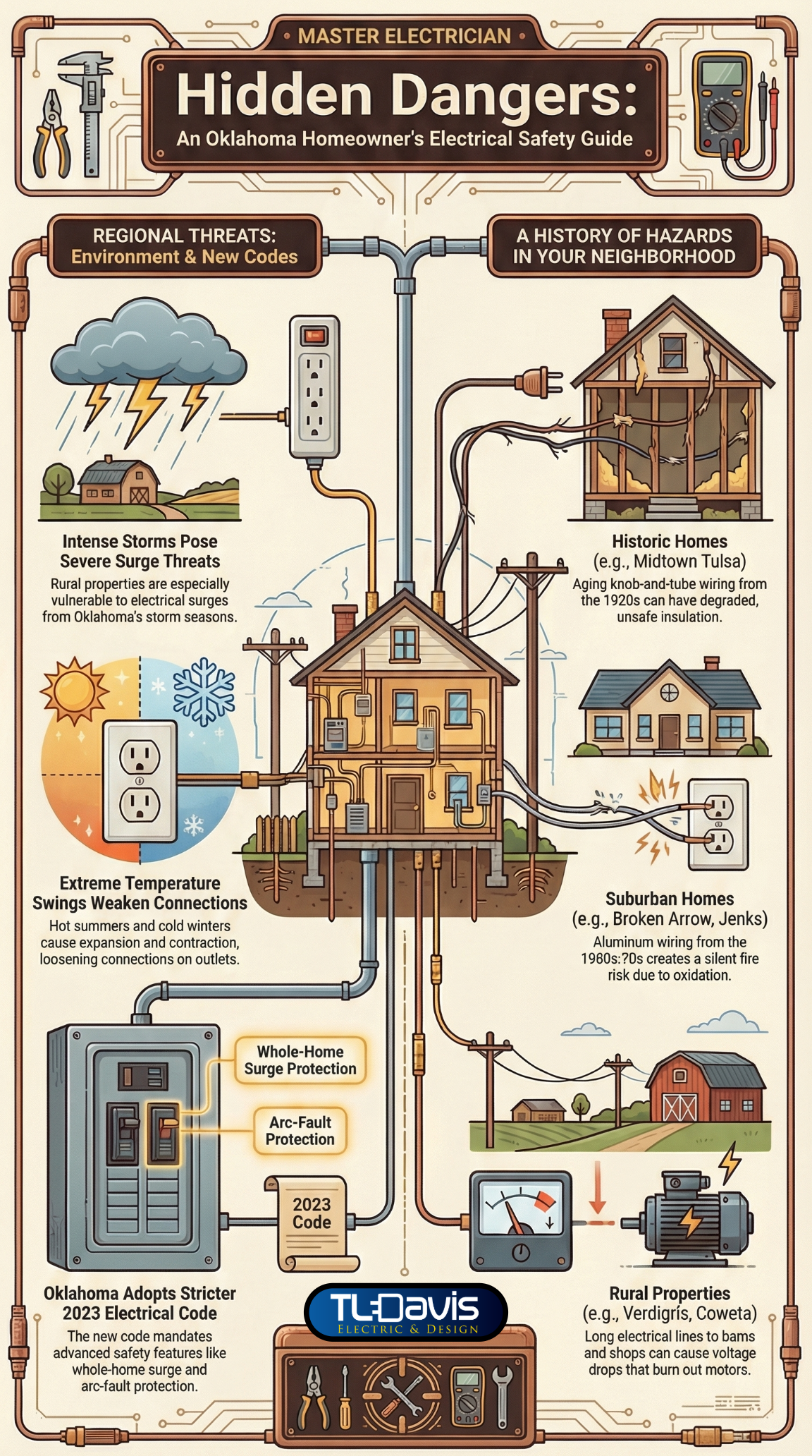 electrical safety for homeowners, residential electrical code updates, licensed Oklahoma electrician, electrical fire prevention, Tulsa home wiring safety, electrical inspection checklist, outdated knob-and-tube wiring, aluminum wiring hazards, breaker panel fire risk, storm-related electrical damage, overloaded circuits in old homes, buzzing or hot outlets